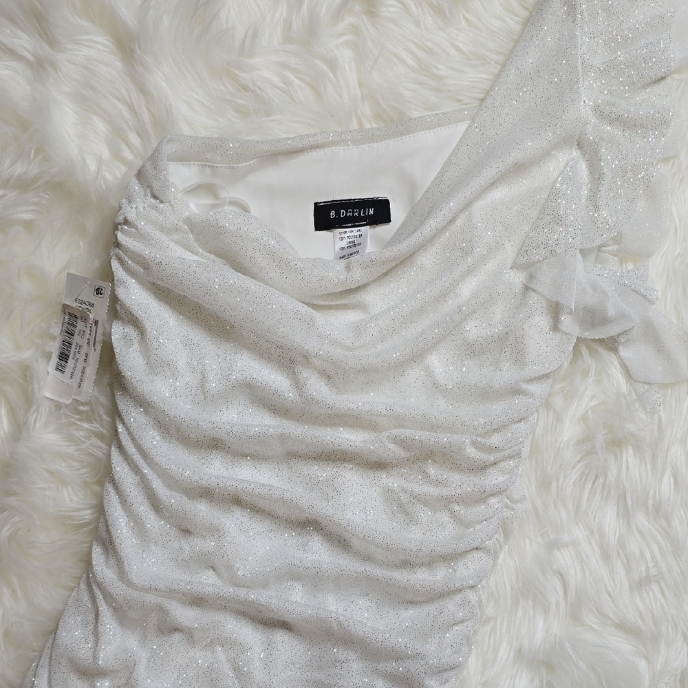 B. Darlin White Glitter Ruched One Shoulder Ruffle Mini Dress SIZE 11/12